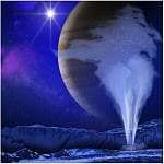 Künstlerische Darstellung einer Wasserdampf-Fontäne auf dem Jupitermond Europa
